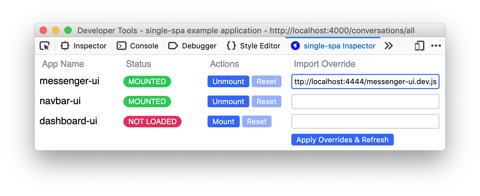 Example of one-spa Inspector extension with import-maps overrides